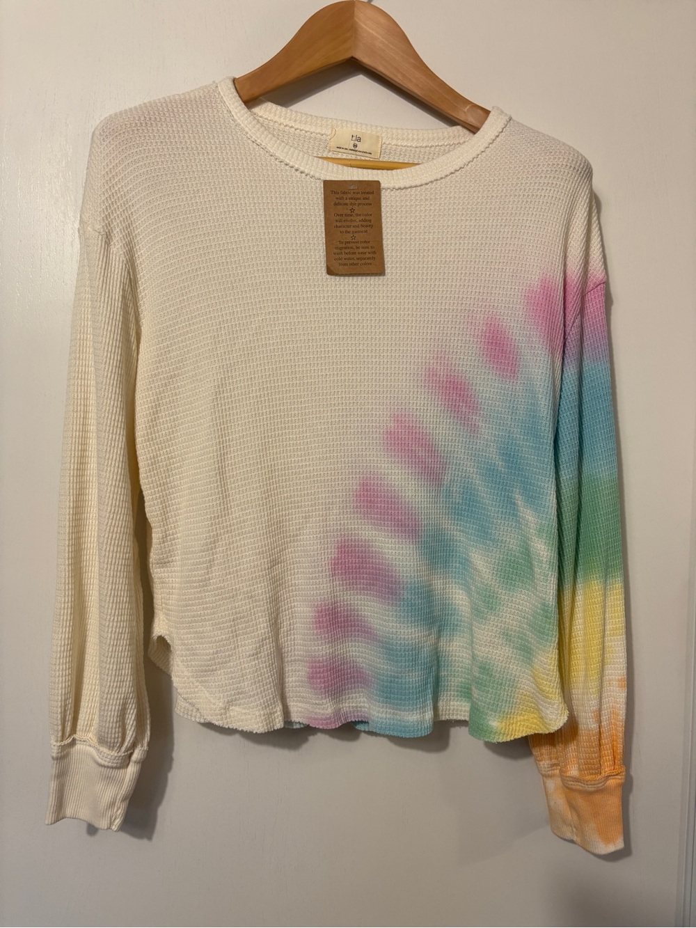 Anthropologie Waffle Knit Thermal Size XS Rainbow Pastel Tie-Dye Y2K Boho Cream